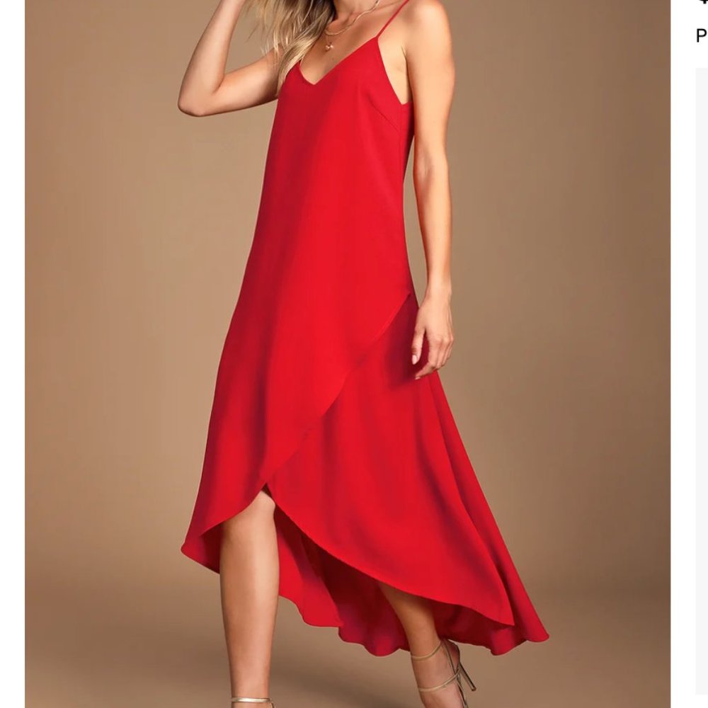 lulus sweet surprise high low maxi dress Red Medium Spaghetti Strap Low Back